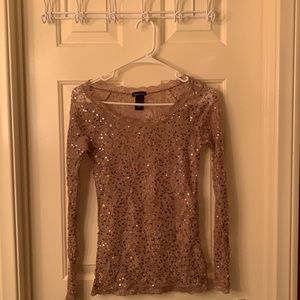Mira International Women’s Long Sleeve Round Neck Lace and Sequined Top. Size S